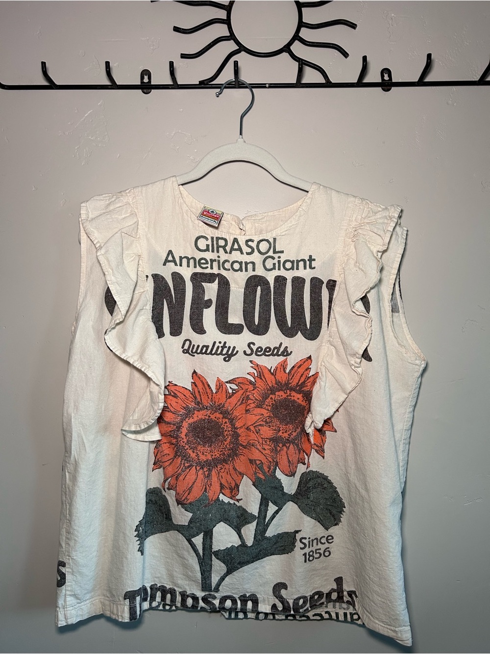 Girasol Sunflower Graphic Ruffle Sleeve Tank - White with Orange Print